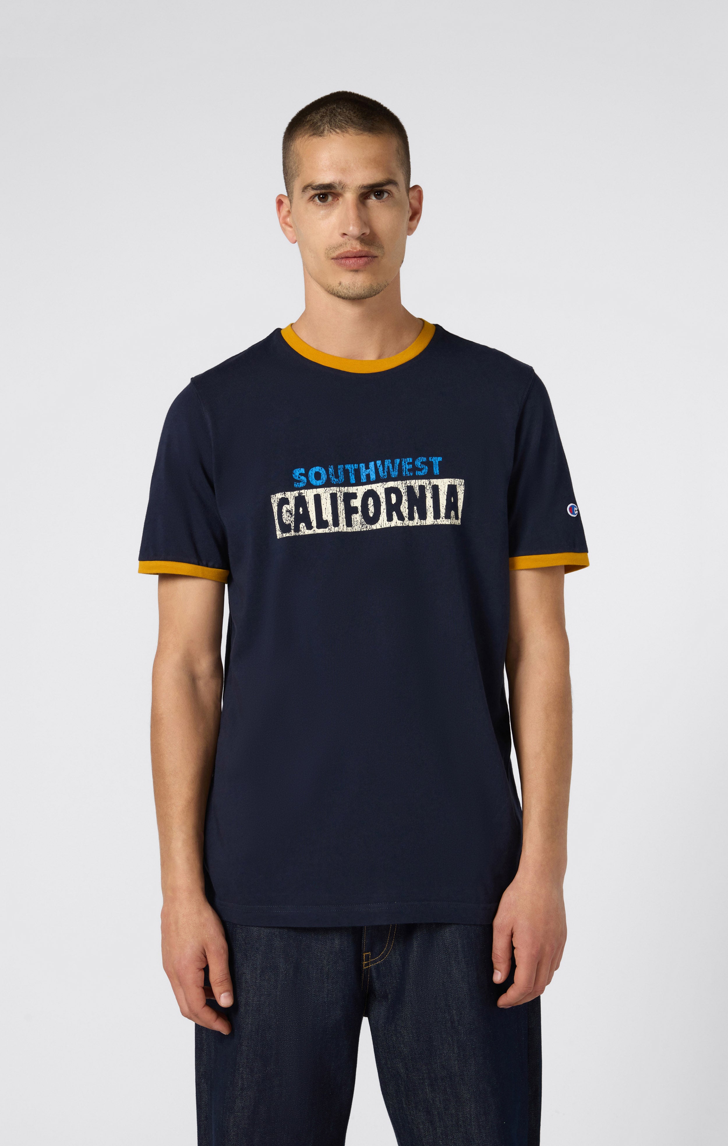 Men's crewneck T-shirt with graphic and contrast trims