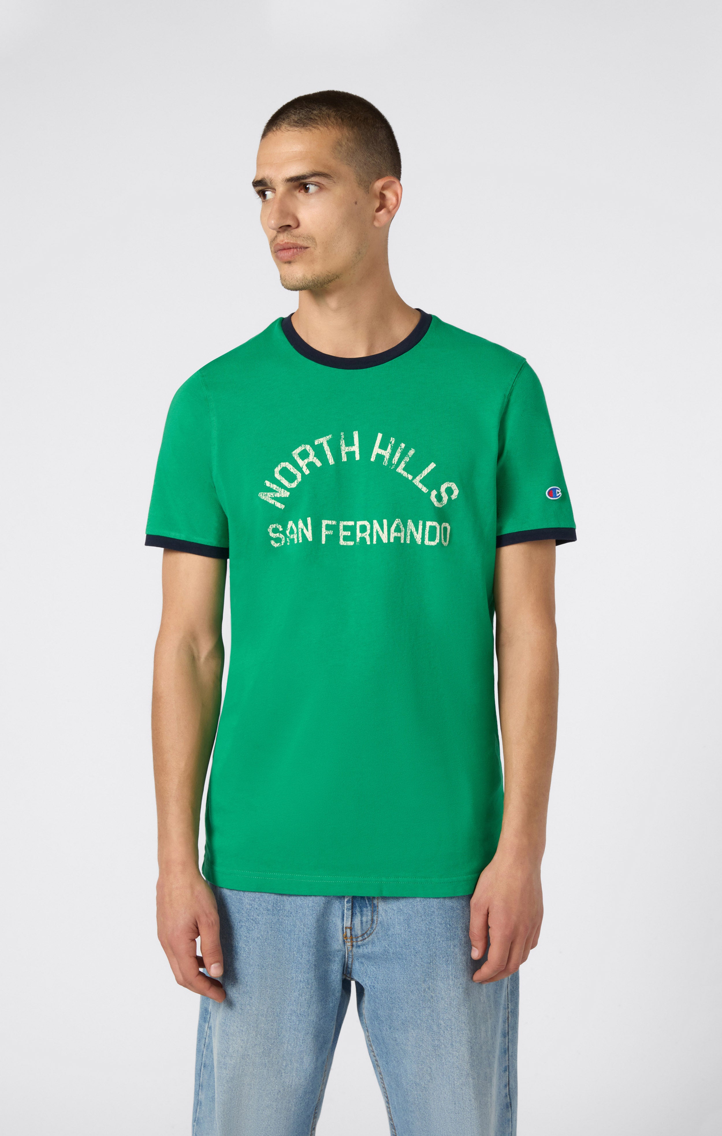 Men's crewneck T-shirt with graphic and contrast trims